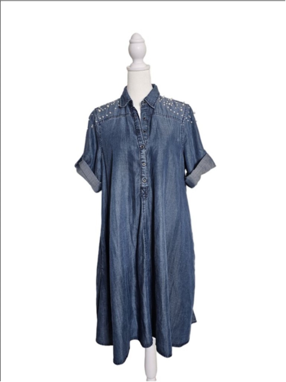 Women's REBA Blue Denim Pearl Embellished Shirt Dress M